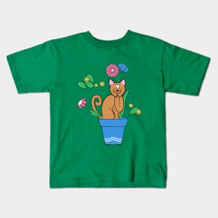 Cute cat sitting in the flower pot Kids T-Shirt